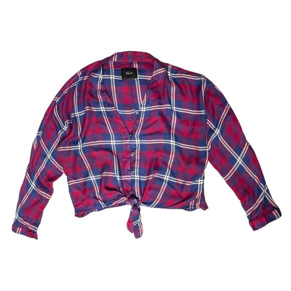 Anthropologie Rails Sloane Cropped Tie Front Plaid Shirt Flannel Blouse Button - Picture 2 of 7